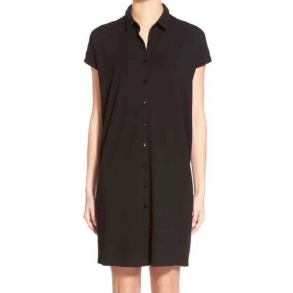 Eileen Fisher Shirt Dress Button Front Medium Black Viscose‎ Jersey Knit
